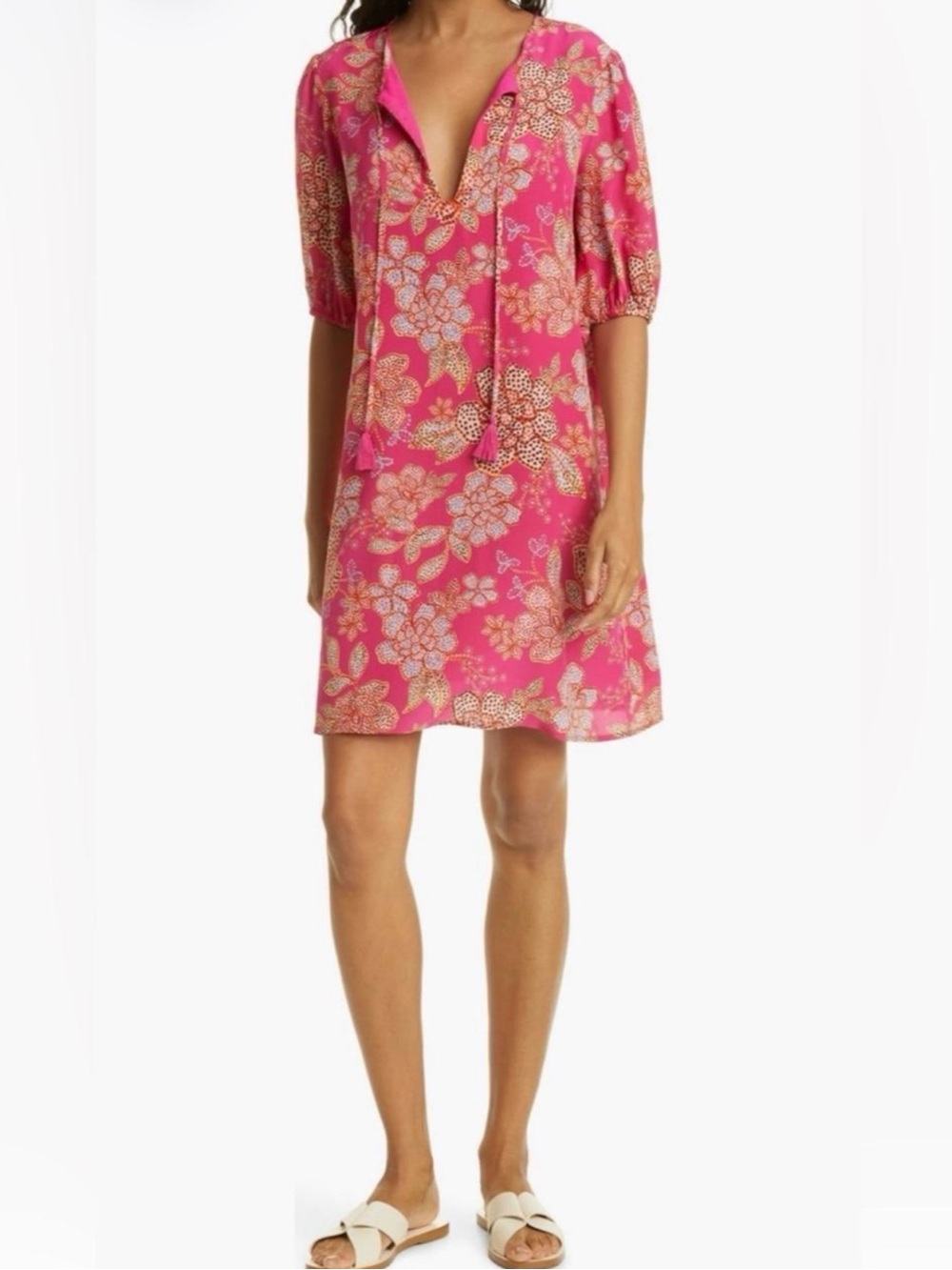 Johnny Was Jade Vesna Floral Puff Sleeve Silk Dress